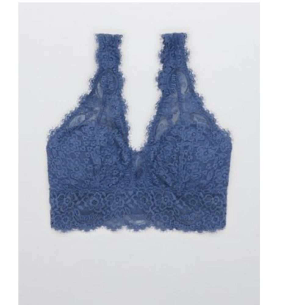 aerie eyelash lace padded plunge bralette blue
